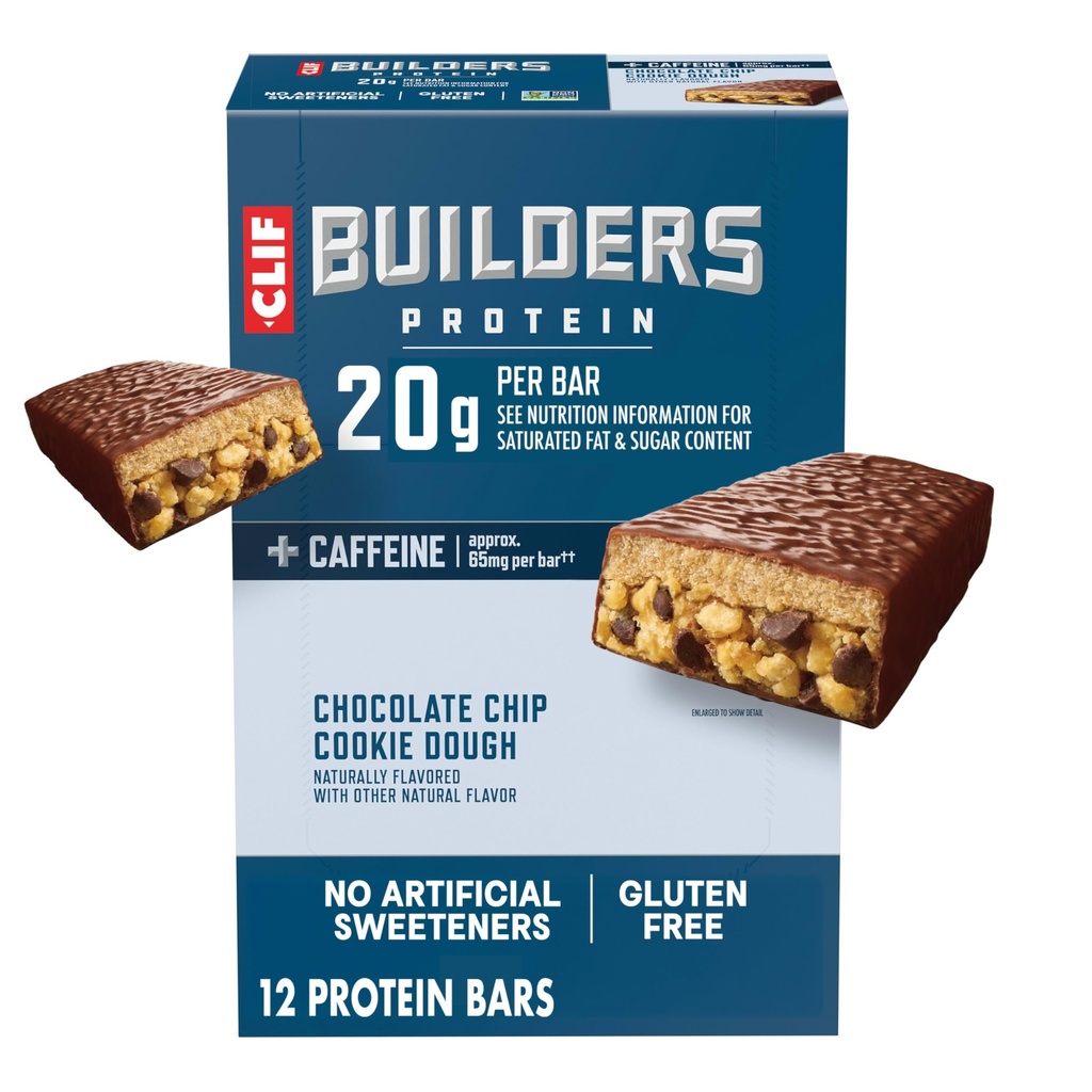 CLIF BUILDERS + Coffeine Protein Bars - Chocolate Chip Cookie Dough Flavor - 20g Plant Based Protein - Gluten Free - Non- GMO - Low Glycemic - No umělé sladkosti - 2.4 oz. (12 Pack)