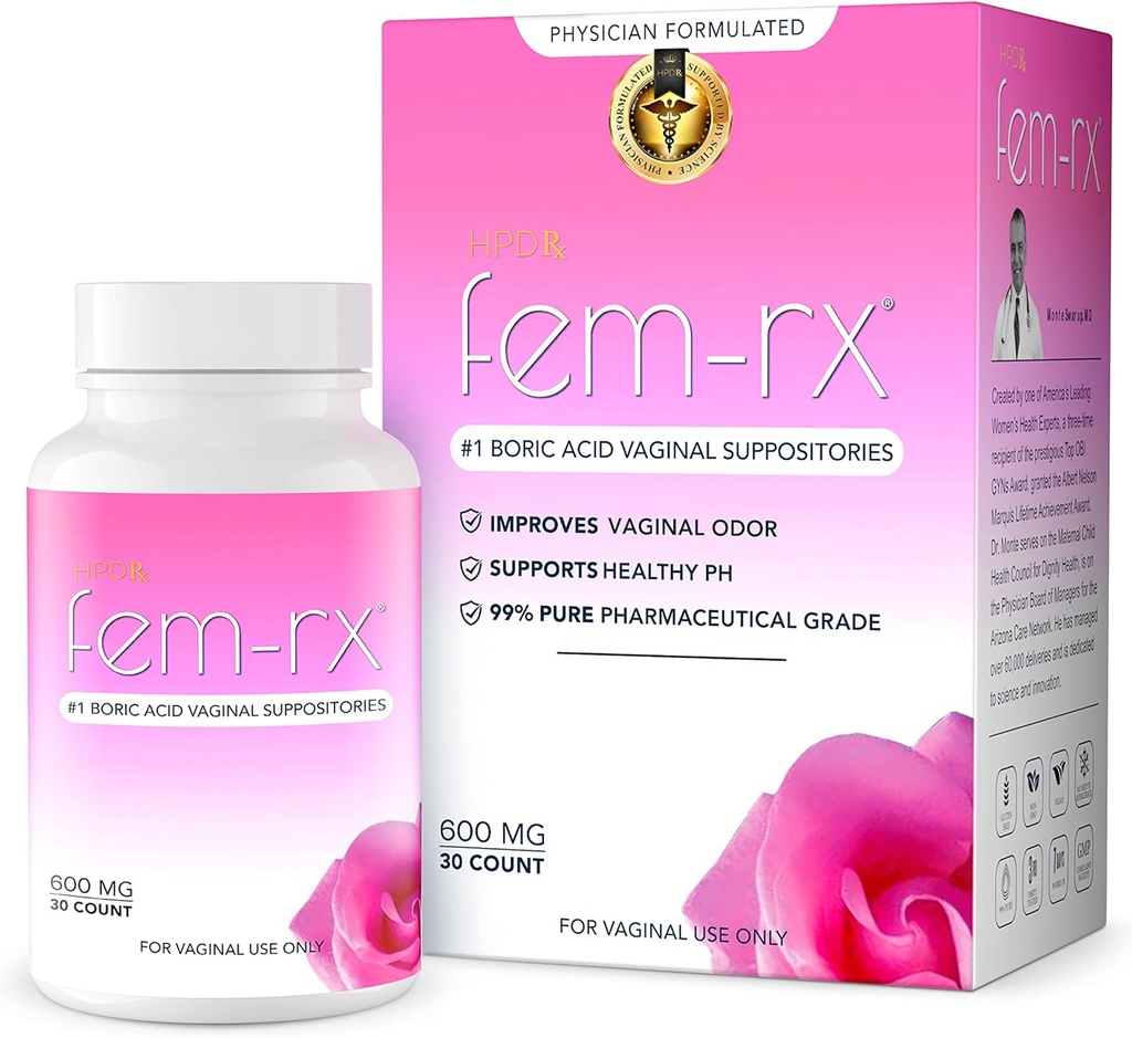 HPD Rx fem- Rx kyselina boritá Vaginální Supposations for woman - Nápověda Balance Vaginální pH, Eliminate Vaginální zápach - Dr. Preferovaná feminální podpora zdraví - 30 Kapsle Balení po 1