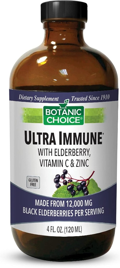 Botanická volba - Ultra imunitní, Obsahuje Elderberry se zinkem a vitaminem C, Black Elderberry Sirup pro dospělé a děti, tekuté vitaminy pro imunitní podporu, 4 Oz