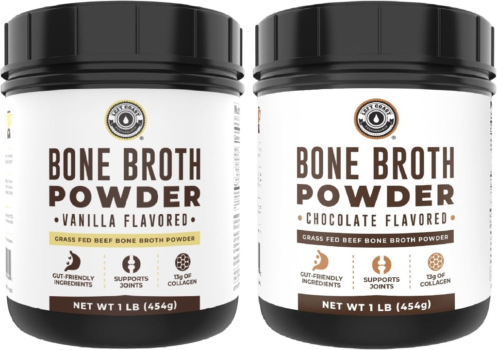 Levý pobřeží Výkon Vanilla Bone Broth Powder, 16oz + Chocolate Bone Broth Powder 16oz