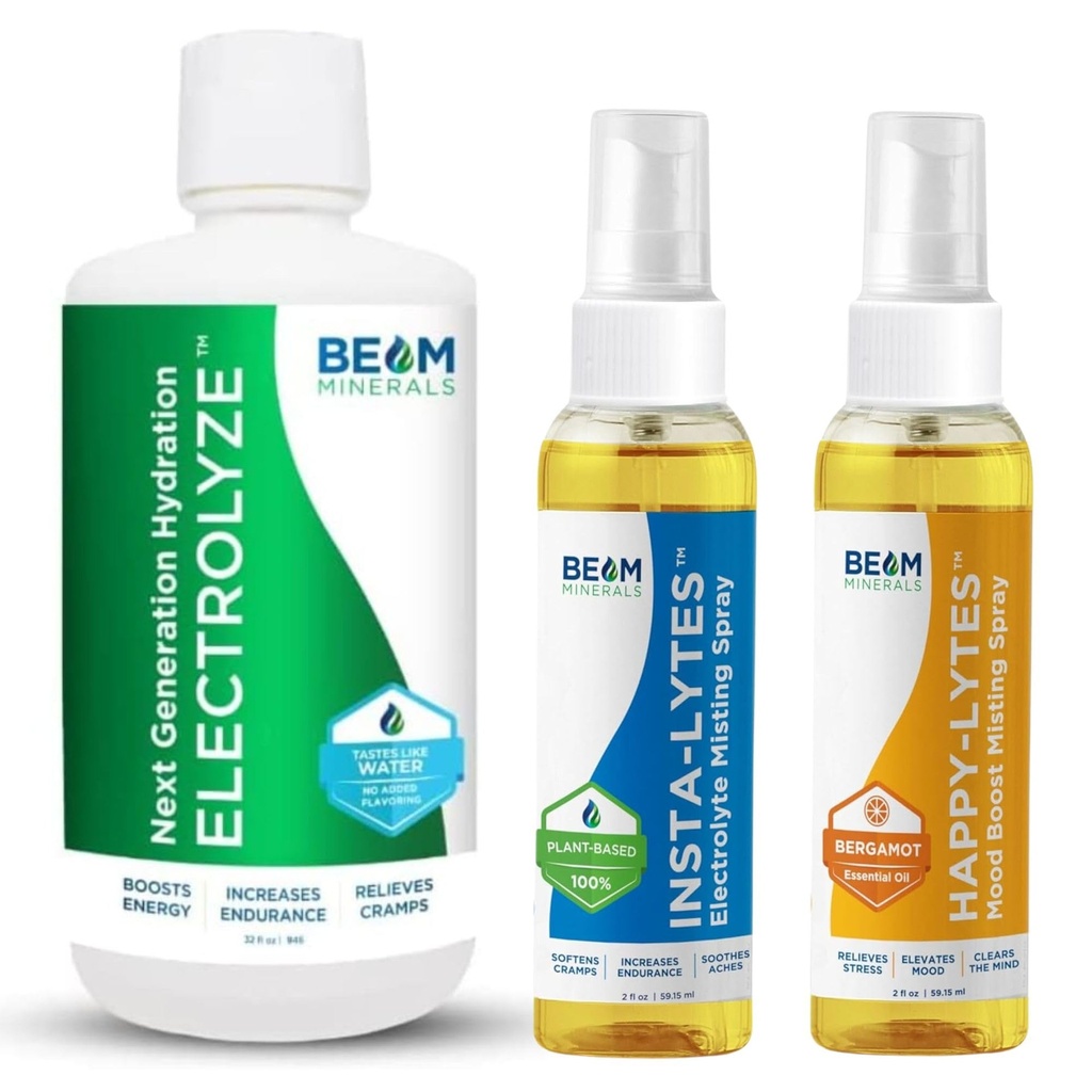 Beam Minerals Electrolyte Imbalance Solution Electrolyze and Insta-Lytes Natural Liquid Electrolytes 2oz and Happy- Lytes Fulvic Electrolyte Misting Spray 2oz