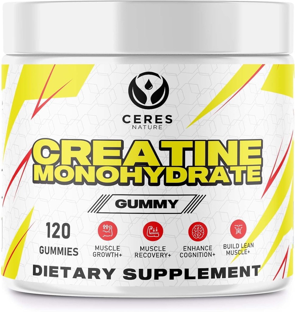 Kreatin- monohydrát Gummie pro muže a ženy - 5g kreatin- monohydrát na jedno podání - Vegan, Lemon Flavor, 120 Počet.