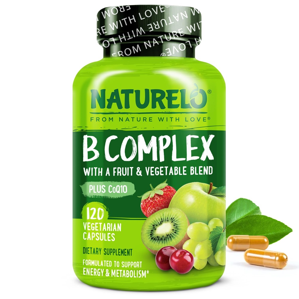 NATURELO vitamin B komplex s methyl B12, methylfolát, vitamin B6, Biotin Plus Cholin, CoQ10 a ovocné a zeleninové směsi - Podporuje energetickou a zdravou odezvu stresu - Vegan - 120 Kapsle