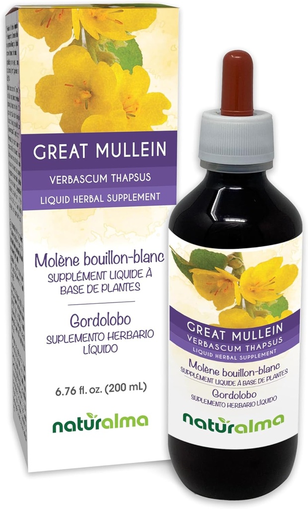 Naturalma Great Mullein nebo Common Mullein (Verbascum thapsus) Flower and Leaf Alcohol- Free Tincture - 6.76 fl oz Liquid Extract in Drops - Bylinný dodatek - Vegan