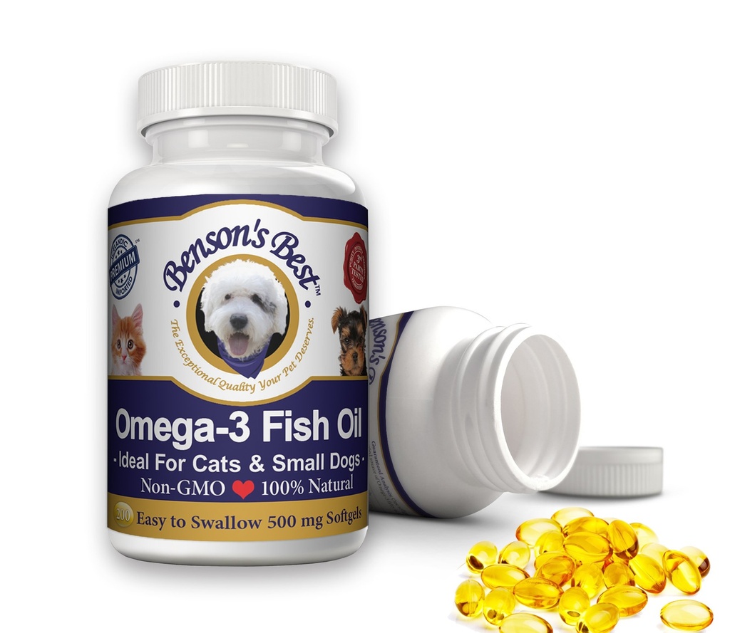 Benson je nejlepší Omega 3 rybí olej pro kočky & malé psy - 200 Softgels 500mg - 43% více Omega 3 mastné kyseliny než losos olej - 100% čisté, Non- GMO, Přírodní Pet Food Dog Rybí olej doplňky