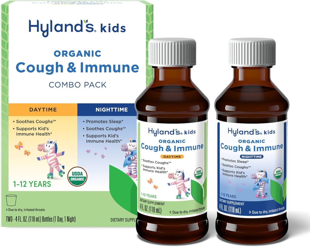 Hyland děti organické kašel a imunitní den a noc Combo Pack, Eass Coughs, podporuje imunitu, podporuje spánek, Dva 4 Fl Oz. Láhve (8 fl oz)