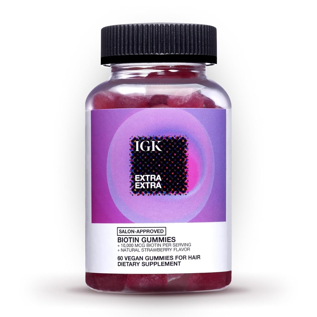 IGK Biotin Hair Gummies 10,000mcg Biotin (60 Počet), Jahodová ochucená, Vlasové růstové gumy pro zdravé vlasy, kůže a nehty, Vegan, Nápověda Combat Hair Loss & Thinning