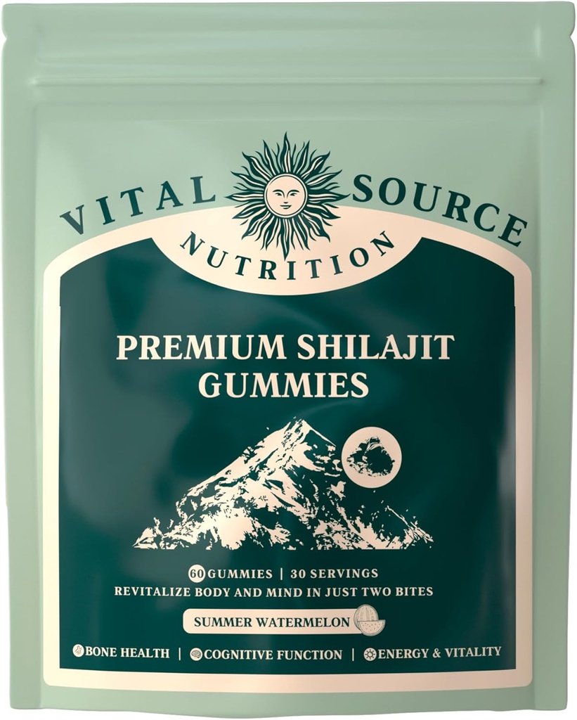 Vital Source Nutrition - Premium Shilajit Gummies - Bone, Brain, Energy & Vitality Support - Himálayan Organic Shilajit - Vegan, gluten- Free & Hall - Letní meloun - 60 Gummies - 30 Služeb