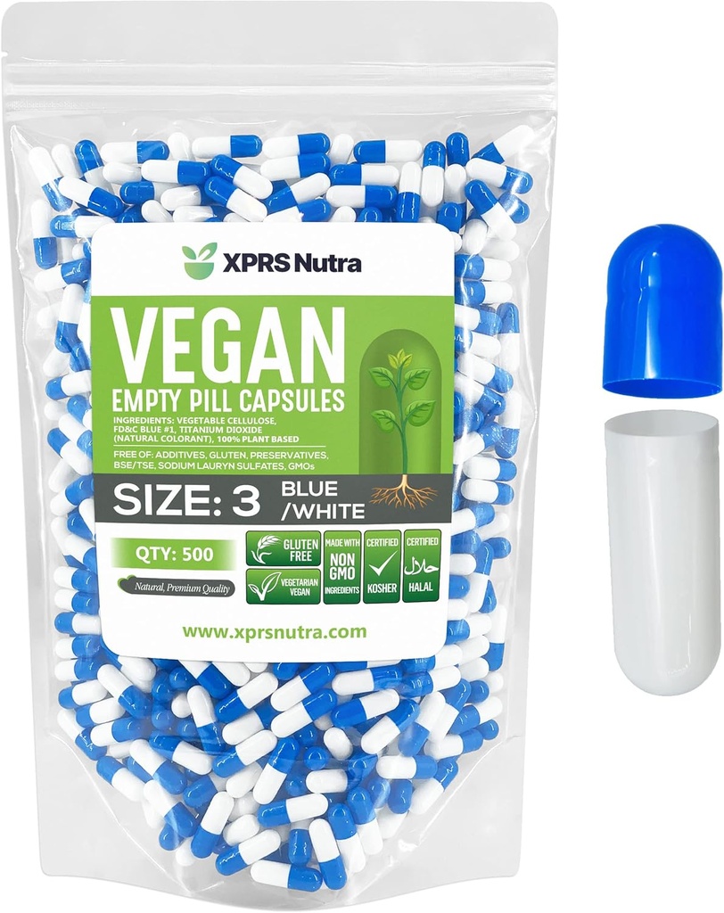 XPRS Nutra Velikost 3 Prázdné kapsle - 500 Hrabě Prázdné Vegan Kapsle - Vegetariánské pilulky - DIY Zeleninové kapsle Plnicí - Veggie Pill Caps (modrá / bílá)