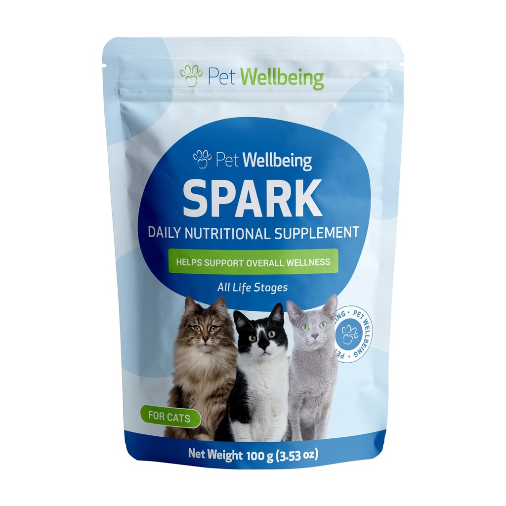 Pet Wellbeing Spark Daily Nutritional Green Superfood for Cats - Probiotika, Prebiotika, Digestive Enzymy, Amino Acids, Antioxidanty, Vitamin D, Spirulina - Veterinarian- aplikovaný 3.53 oz (100 g)