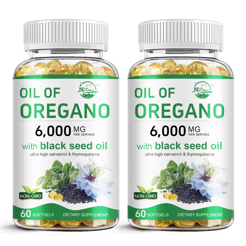 Příroda je živý olej oregano s černým semenným olejem, 2 v 1 Oregano dodatek pro imunitní zdraví, uchovává vysoce koncentrovaný karvacol & Thymoquinone, Non- GMO, 60 Softgels, 2 Pack