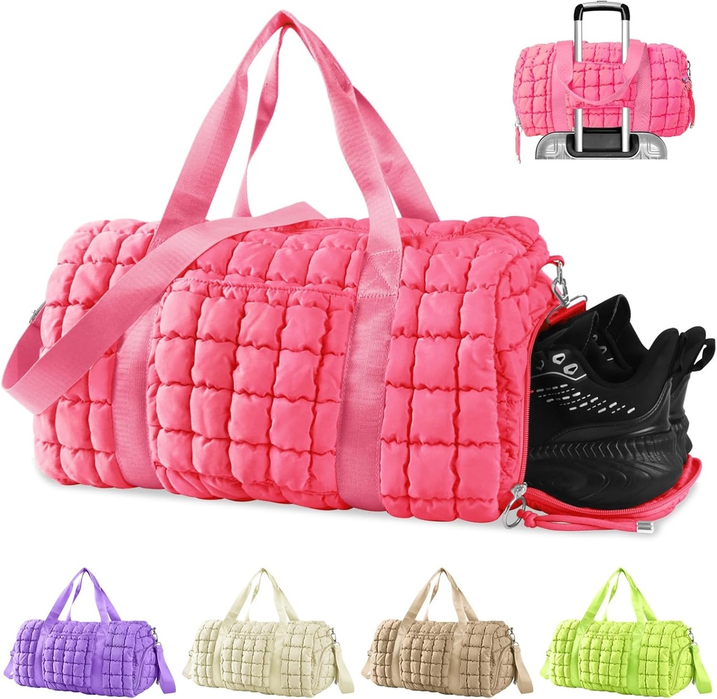 Prohnaný Gym Bag Duffle pro ženy, Duffle Bag pro cestování s obuví kompartment, Puffer Weekender Bags Overnight Carry On Bag s Trolley Sleeve pro letadla, Osobní Předmět Sportovní Taška Taška (růžová)