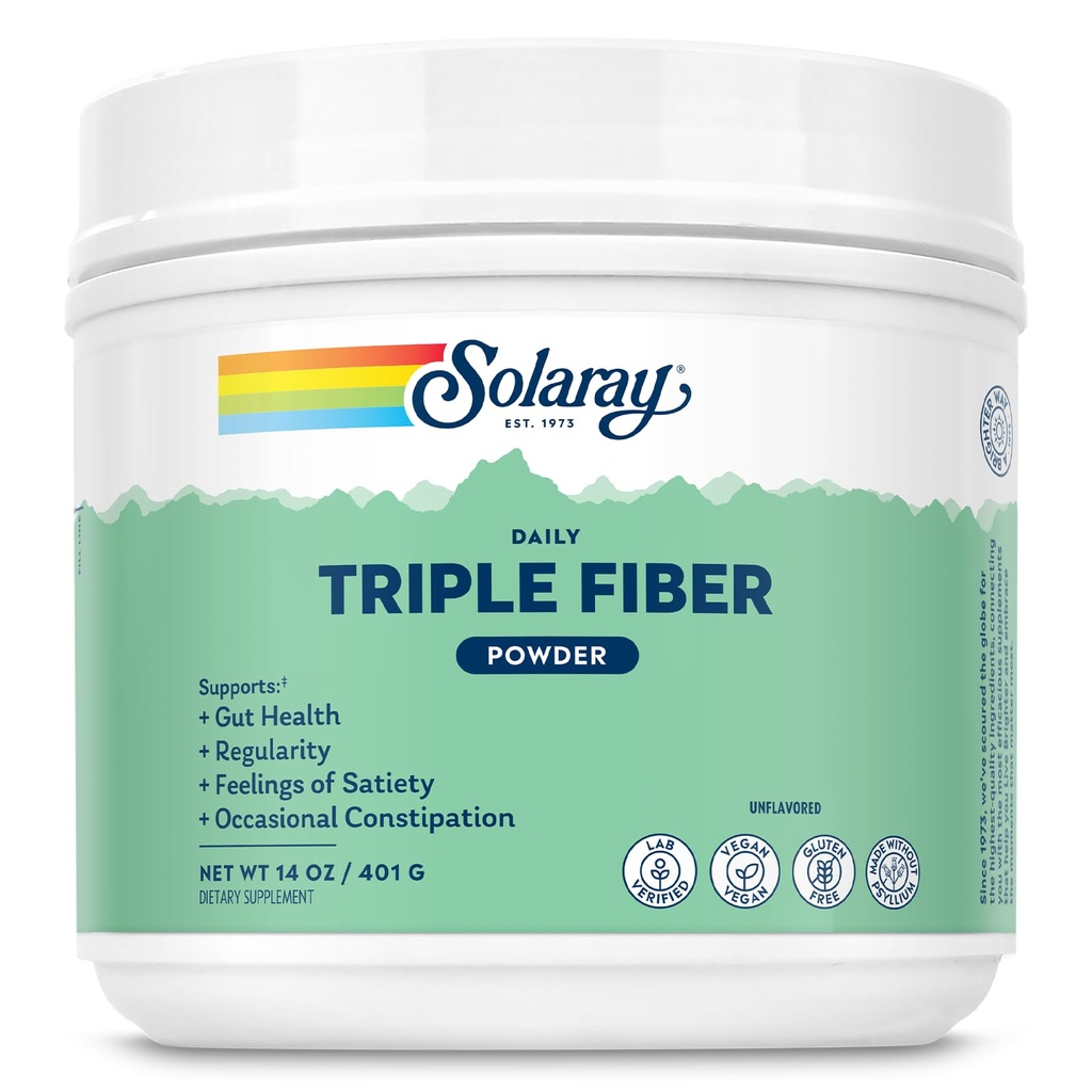 SOLARAY Triple Fiber Powder - Denní Fiber dodatek pro ženy a muže w / Prebiotika - Gut Health, Okusní zácpa, stravovací podpora zdraví, bezochucené, Vegan, gluten zdarma, 30 Služeb, 14oz