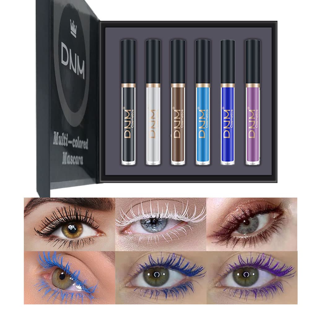 Barevné mascara barevné vodotěsné modré mascara pro řasy set, bílá černá hnědá fialová dlouhotrvající Charming Voluble Krutost zdarma Vegan Oko make-up (6 barev)