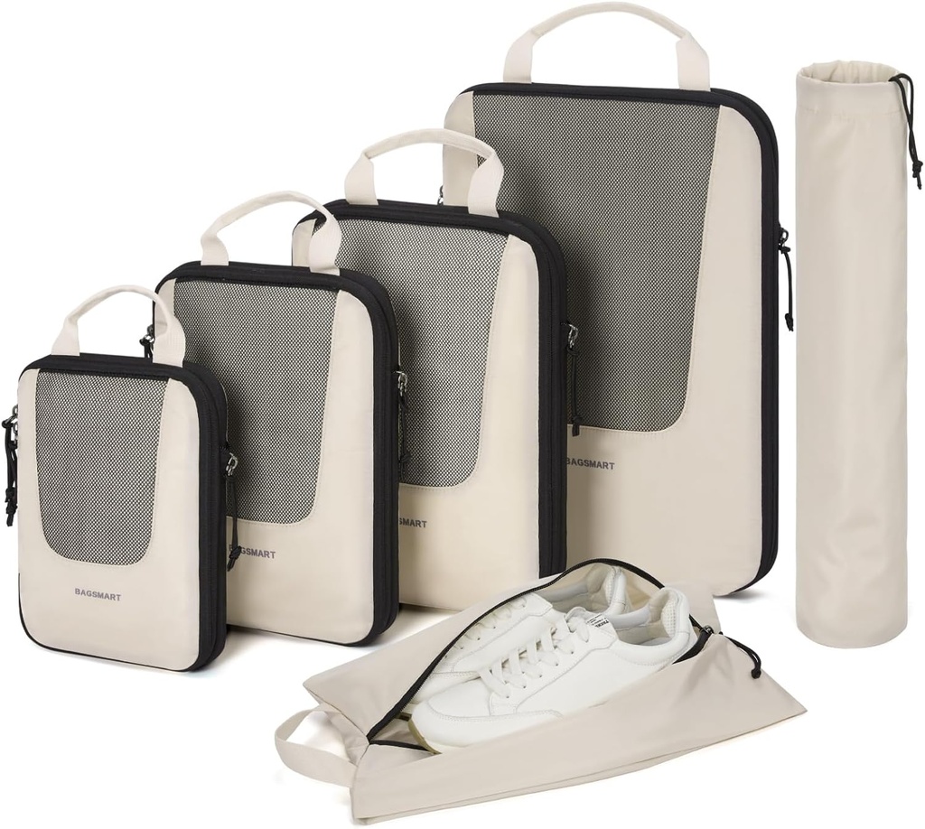 BAGSMART Kompresní balení Kuby pro cestování, 6 Set / 5 Set / 4 Set, Komprese Pořadatel kufrů Sada pro kufry Cestování Essentials, Lehké Balení Organizátoři