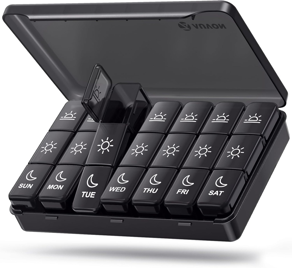 AUVON Weekly Pill Organizátor 3 krát denně, Velká krabička 7 Den s Dual Protection for Travel, Black Pill Pouzdro na ochranu soukromí, Light- proof Pill Container for Medications, Vitamíny, Rybí oleje