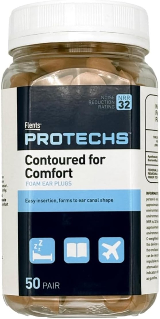 Flents Protechs Disposible Foam Uar Plugs, Contoured for Comfort, Ideální pro práci, Hlasitý hluk, Těžké stroje, Stavba, Studium, Střelba & Cestování, NRR 32, Beige, Easy to Use, 50 Pair