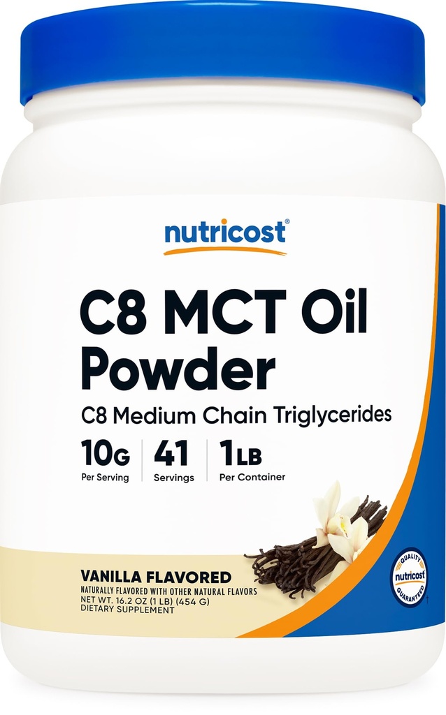 Nutricost C8 MCT Oil Powder 1LB (16oz) Vanilla Flavor - 95% C8 MCT Oil Powder, Best for Keto Diets, Non- GMO, Gluten Free