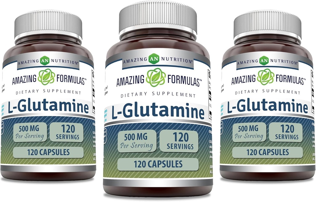 Amazing Applicas L-glutamin 500 mg Kapsle 124; Amino Acid Supplementary 124; Non-GMO CLAS124; Gluten Free CLAS124; Made in USA (3 balení, 120 Počet)