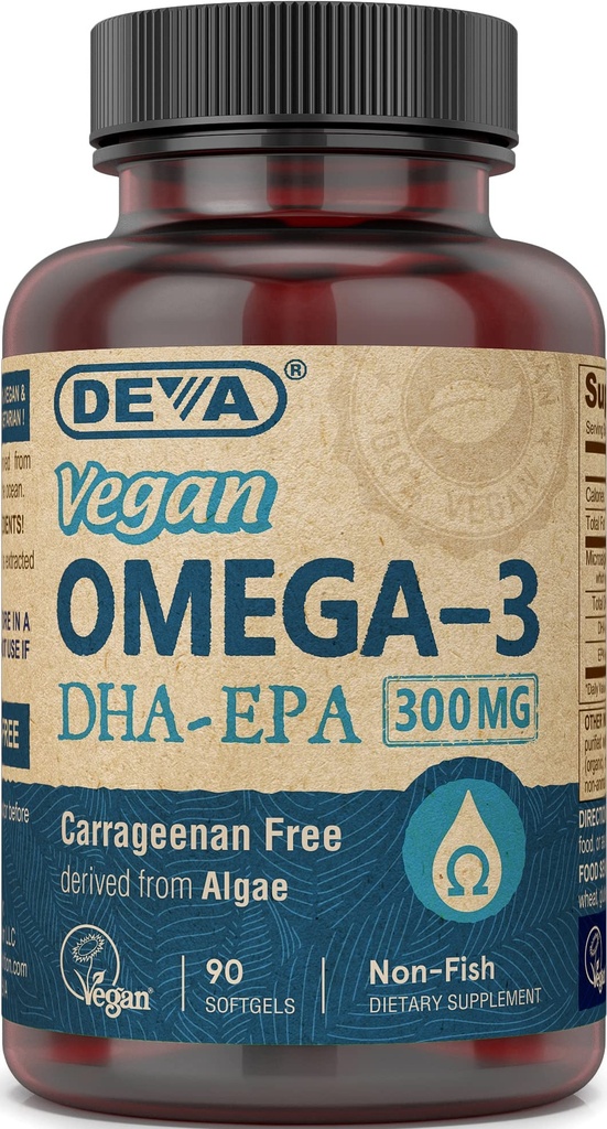 DEVA Vegan Omega33 DHA-EPA 300MG - No Karagenan, Non- Fish Oil odvozený z řas, Non- GMO, 90 Gelatin- Free Softgels