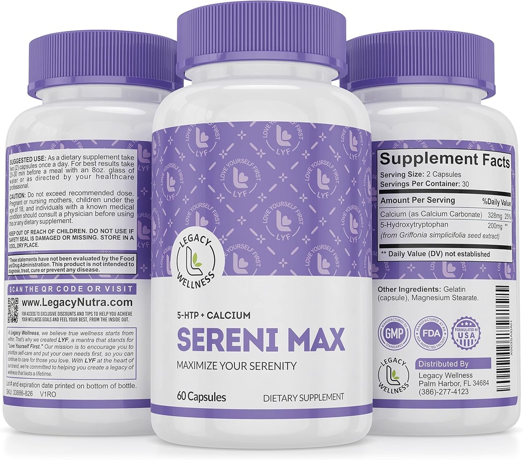SERINI-MAX - 5-HTP Mood Support Supplementary + vápník - Podporuje klid a klid stav mysli - Zvýšení Serotoninu, 5HTP 200mg pro Stress Management & Sleep Supplementary - 60 Kapsle