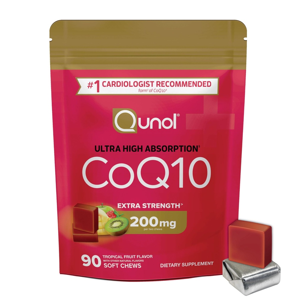 Qunol CoQ10 200mg Soft Chews, Extra Strength & Ultra High Absorption Coenzym Q10 Supplement, # 1 Cardiolog Doporučený dodatek pro srdeční zdraví, 90 Počet