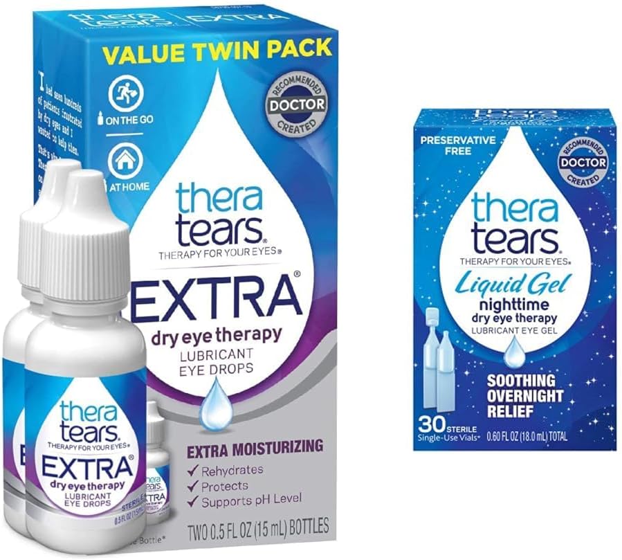 TeraTears Extra Sucho Oční terapie Lubrikační oční kapky pro suché oči, 0.5 fl oz láhev, 2 Počet (balení po 1) & Tekutý gel Nighttime Mazání Oční kapky pro suché oči, Jednorázové Používejte injekční lahvičky, 30 Počet