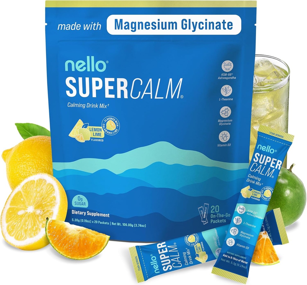 Nello Supercalm Drink Mix - Ashwagandha KSM 66, Magnesium Glycinate & L-Theanine Dodatek, Vitamin D3 - Ashwagandha Root Extract - Focus and Relaxation Support (20 Travel Packets) - Lemon Lime