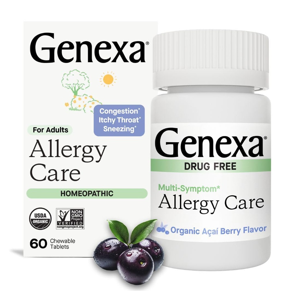 Genexa alergie Péče 124; Drogy Free, Non- Drowsy Alergie & Decongestant Remedy pro dospělé 124; Vegan & Non- GMO 124; Homeopatická alergie Relief Made Clean 124; Organic Acai Berry Flavor 124; 60 Žvýkací tablety