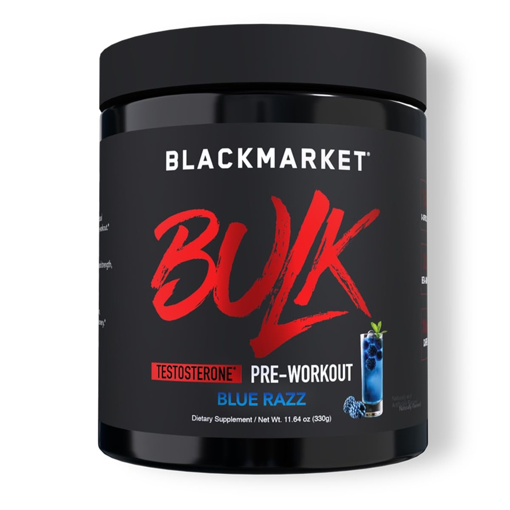 BLACKMARKT Bulk Pre Workout - Předcvičení Energy Drink pro muže 30 Servings - Předcvičení Drink Powder with Creatine (Blue Razz)