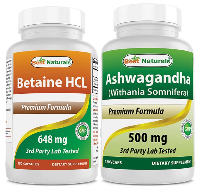 Nejlepší Naturals Betaine HCL 648 mg & Ashwagandha Extract 500 Mg
