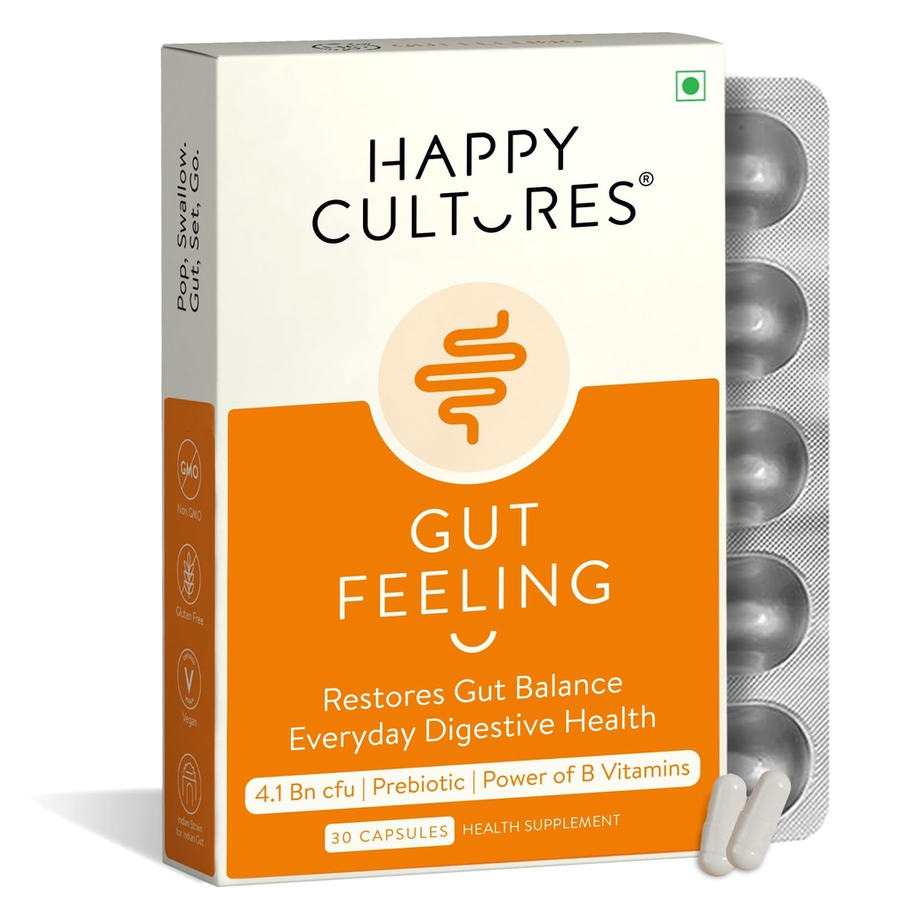 Happy Cultures Gut Pocit Stravování Dodatek Unikátní Směs Probiotika pro denní trávicí zdraví B-Vitamíny Gut Zdravotní dodatek pro nafouknutí, IBS, Digestion Klinicky Testováno - 30 Veg Kapsle