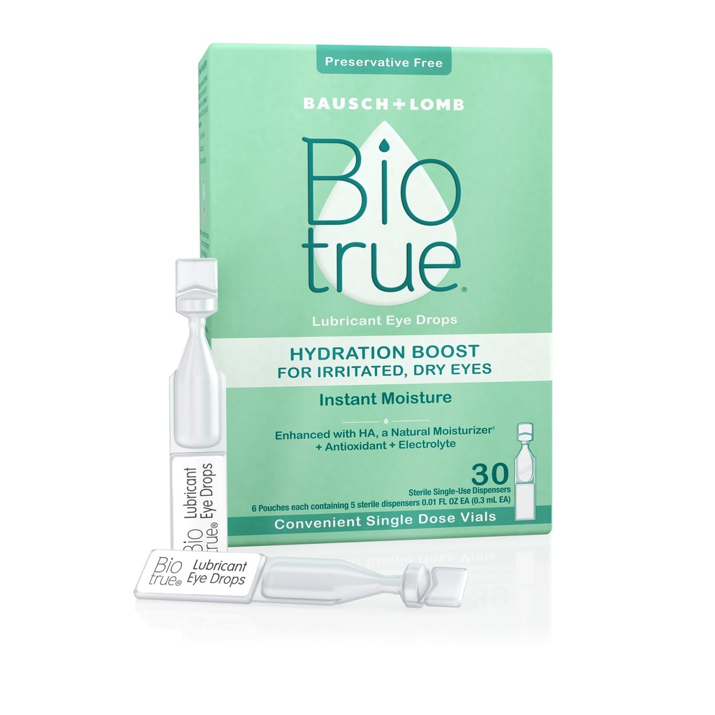 Biotrue Hydration Boost, Preservative- Free Oční kapky pro suché oči, Okamžitě hydratuje, Rehydrives, Kontaktní čočky Friendly, Obnovit & Relieve Oko Irritation, 30 Single-Use Vily (Balení po 1)