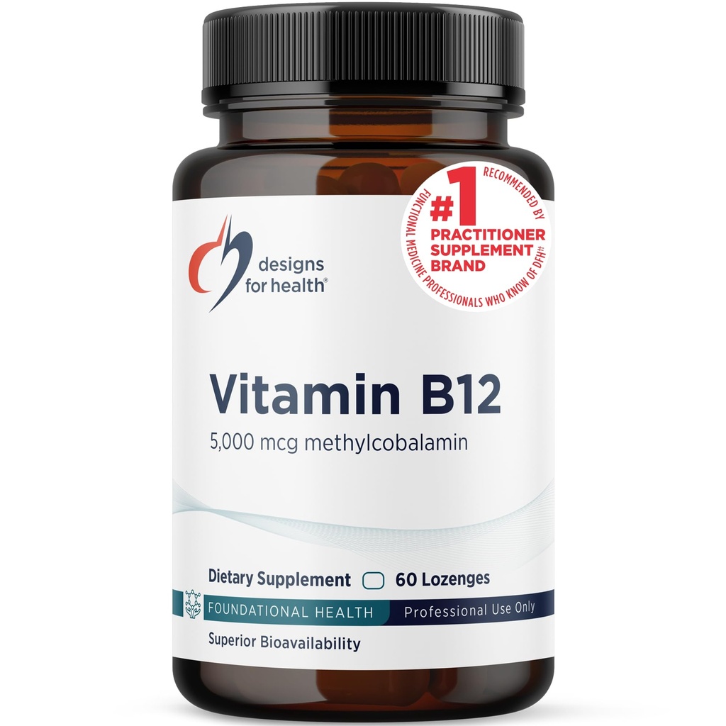 Designy pro zdraví vitamin B12 Lozeng - B12 Vitamíny 5000 mcg Methylkobalamin - Vitamin B12 Doplňky - Vegan + Non GMO, Natural Berry Flavor (60 Quick Disolt Lozenges)
