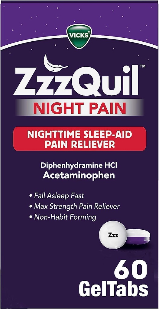 ZzzQuil Night Pain GelTabs, Nighttime Pain Relief, Sleep Aid Tablets, Difenhydramine HCl a Acetaminophen, No.1 Sleep Aid Brand, Max Strength Pain Reliever, 60 GelTabs