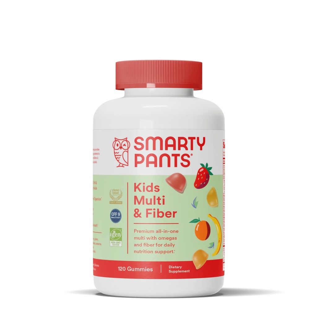 SmartyPants Kids Multivitamin Gummies a Fiber dodatek: Vitamin D3, C, Vitamin B12, B6, A, Zinek, Biotin, Inositol, Fiber Gummies, Tři ovocné příchutě, 120 Počet (30 Day Supply)