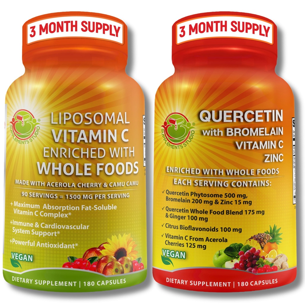Quercetin s bromelainem, vitaminem C & zinek + liposomální vitamin C 1500mg - Immunite Support Bundle with Organic Acerola Cherry, Camu Camu & Citrus Bioflavanoids - Vegan, Non- GMO, Clean Wellness Support