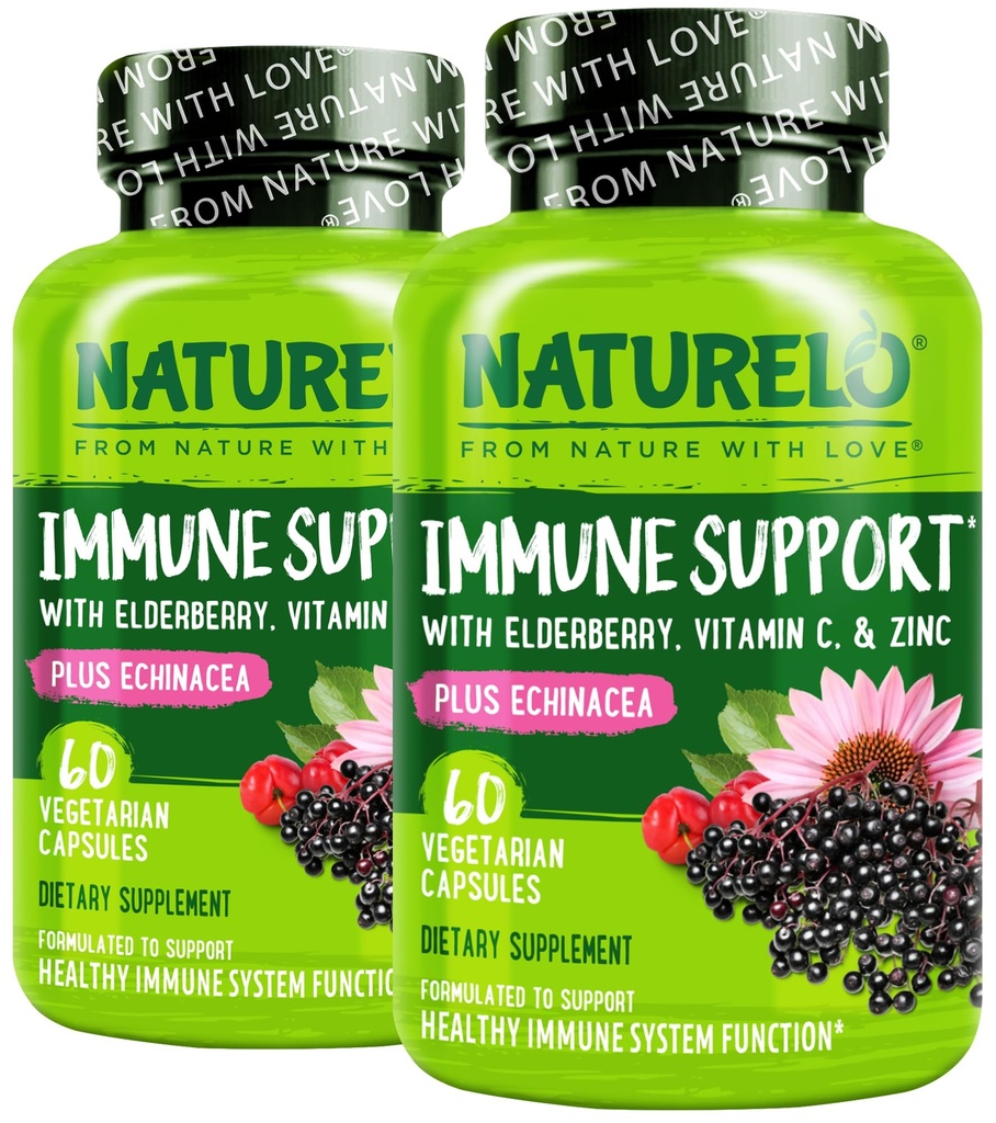 NATURELO Imunitní podpora vitamin C, bezinky, zinek, Echinacea Natural Imunity Boost w / Antioxidant, Bylinné a minerální obrany - 60 Vegan Kapsle (Balení 2)