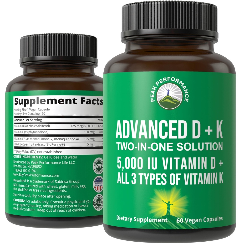 Maximální výkon Advanced Vitamin D 5000 IU se všemi 3 typy vitaminu K D3 a vitaminu K2, K1, MK-7 (MK7), MK4 dodatek - 60 Malé a snadné spolknout zeleninové pilulky