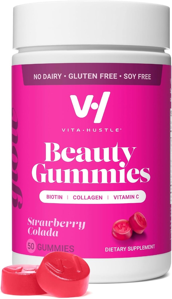 VitaHustle Beauty Gummies, 2500 mcg Biotin, 100 mg kolagen, vitamin C, B-complex, Silné vlasy, kožní nehty, nízký cukr, Non GMO, Strawberry Colada, 50 Počet