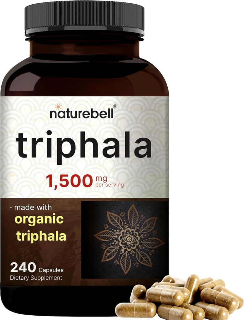 NatureBell Triphala Kapsle dodatek, 1,500mg per Serving 124; Vyrobeno s organickou Amla, Bibhitaki, Haritaki ovocný prášek - Podporuje trávicí zdraví - Double Strength, Non- GMO
