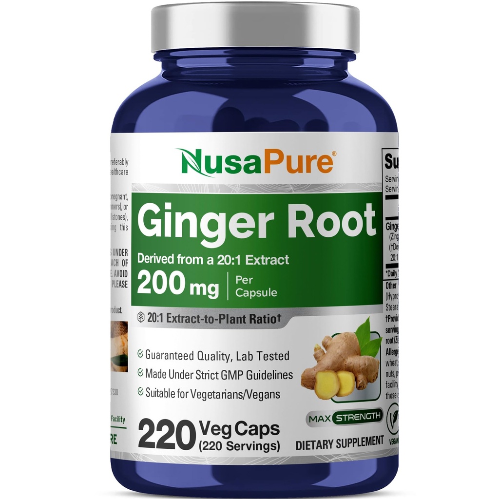 NusaPure Ginger Root Capsules 20: 1 Extract, 200 mg Ekvivalentní k 4,000mg na jednu Veggie Caps 124; 220 Count Capsule 124; Non- GMO