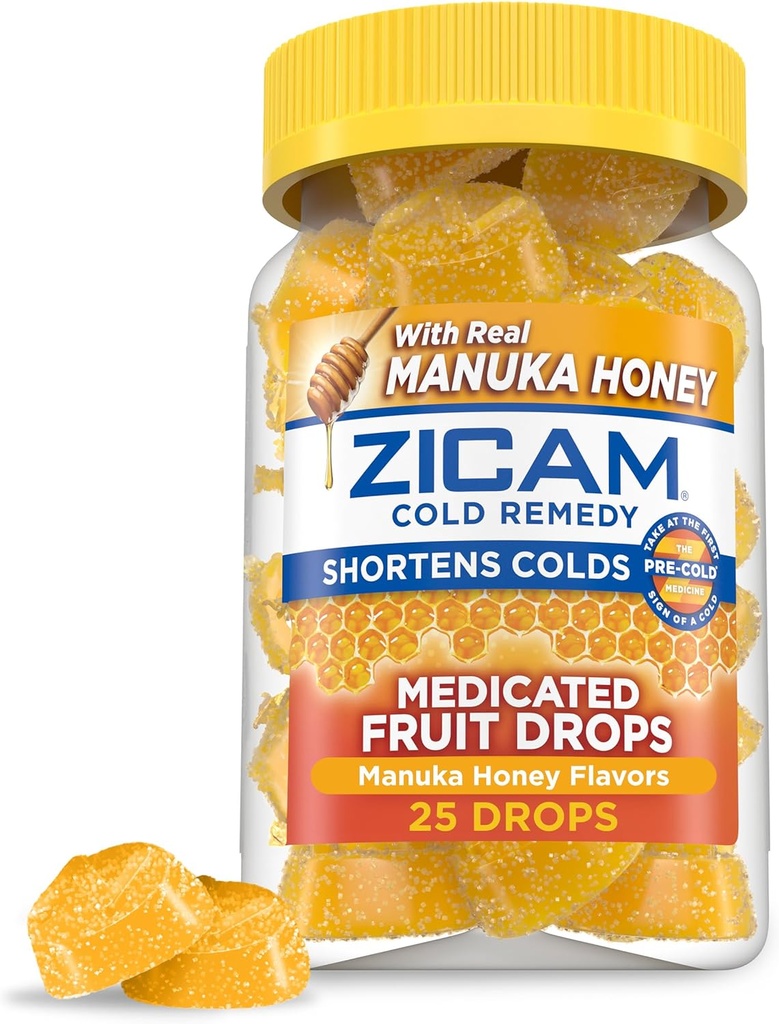 Zicam Cold Remedy Zinek Medikované ovocné kapky, Manuka Honey Flavor, Homeopatické, Studené zkrácení medicína, Shortens Cold Trvání, 25 Počet