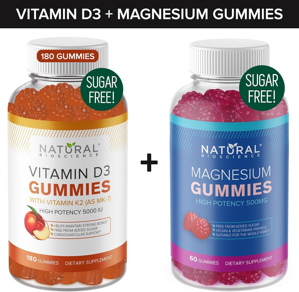 Bezcukrový vitamin D3 K2 Gummie (180 Gummies) a bezcukrová Extra síla Magnesium Gummies (60 Gummies), Vitamin D3 Gummies 5000 IU + K2 MK7 80 mcg, Magnesium Citrát Gummies 500 mg