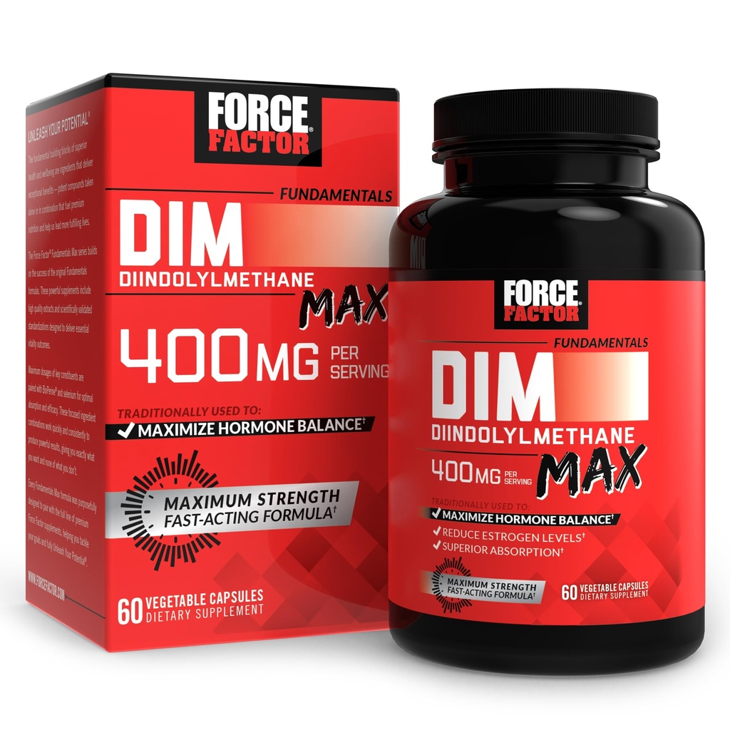 FORCE FACTOR DIM Max, DIM dodatek 400mg, Estrogenová rovnováha pro ženy a muže, Extra síla pro hormonální akné, metabolismus, menopauza, PCOS, Diindolylmethan, Superior Absorpce, 60 Kapsle