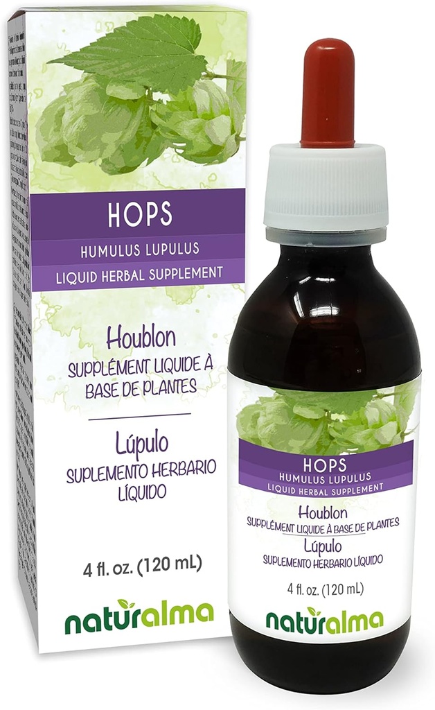 Naturalma Hops (Humulus lupulus) strobilus nebo Cone (Ženské květy) Alkohol- Free tinktura - 4 fl oz Liquid Extract in Drops - Bylinný dodatek - Vegan