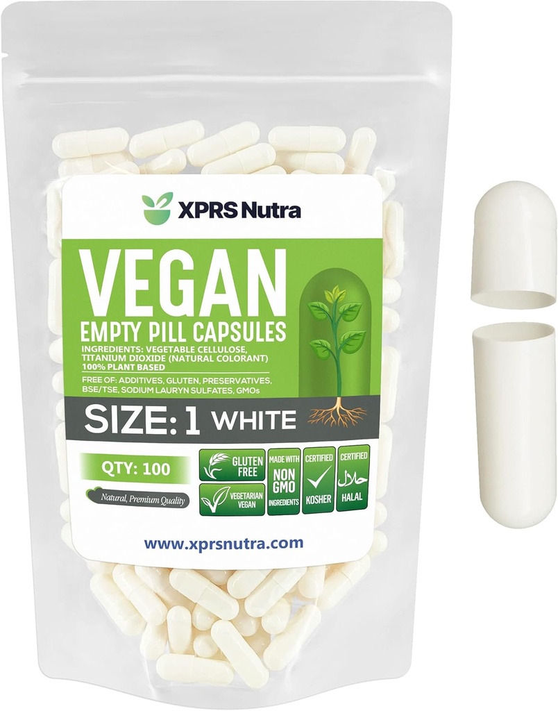 XPRS Nutra Velikost 1 Prázdné kapsle - 100 hrabě Prázdné Veganské kapsle - Vegetariánské pilulky - DIY Zeleninové kapsle Fill- Veggie Pill Caps pro Do- It- Vaše vlastní doplňky (Bílé)