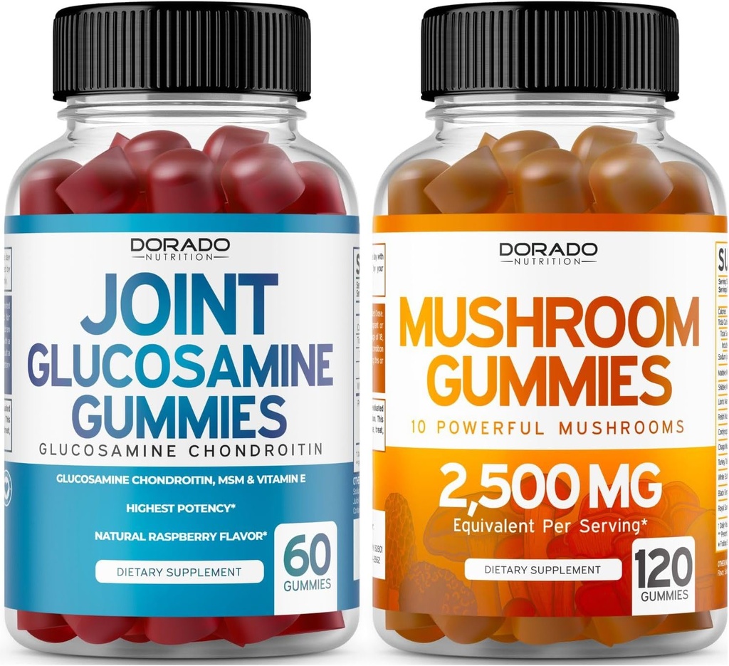 Glukosamine Chondroitin (60 Počet) Společné doplňky pro muže a ženy - Delicious Raspberry Flavor a houba 10 v 1 Blend (120 Gummies) Focus & Mozek Houba Dodatek - Vegan & USA Made