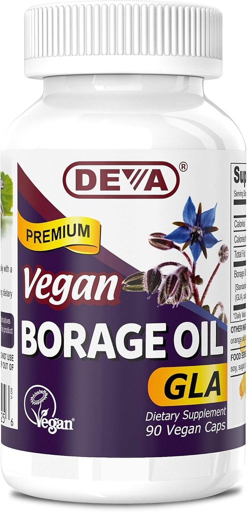 Deva Vegan Vitamins, Borage Oil 500mg, Rich Source of Omega-6 Fatty Acid GLA (Gamma linolenová kyselina), Cold- Pressed & Unrafinated, 90 Tablet, 1- Pack