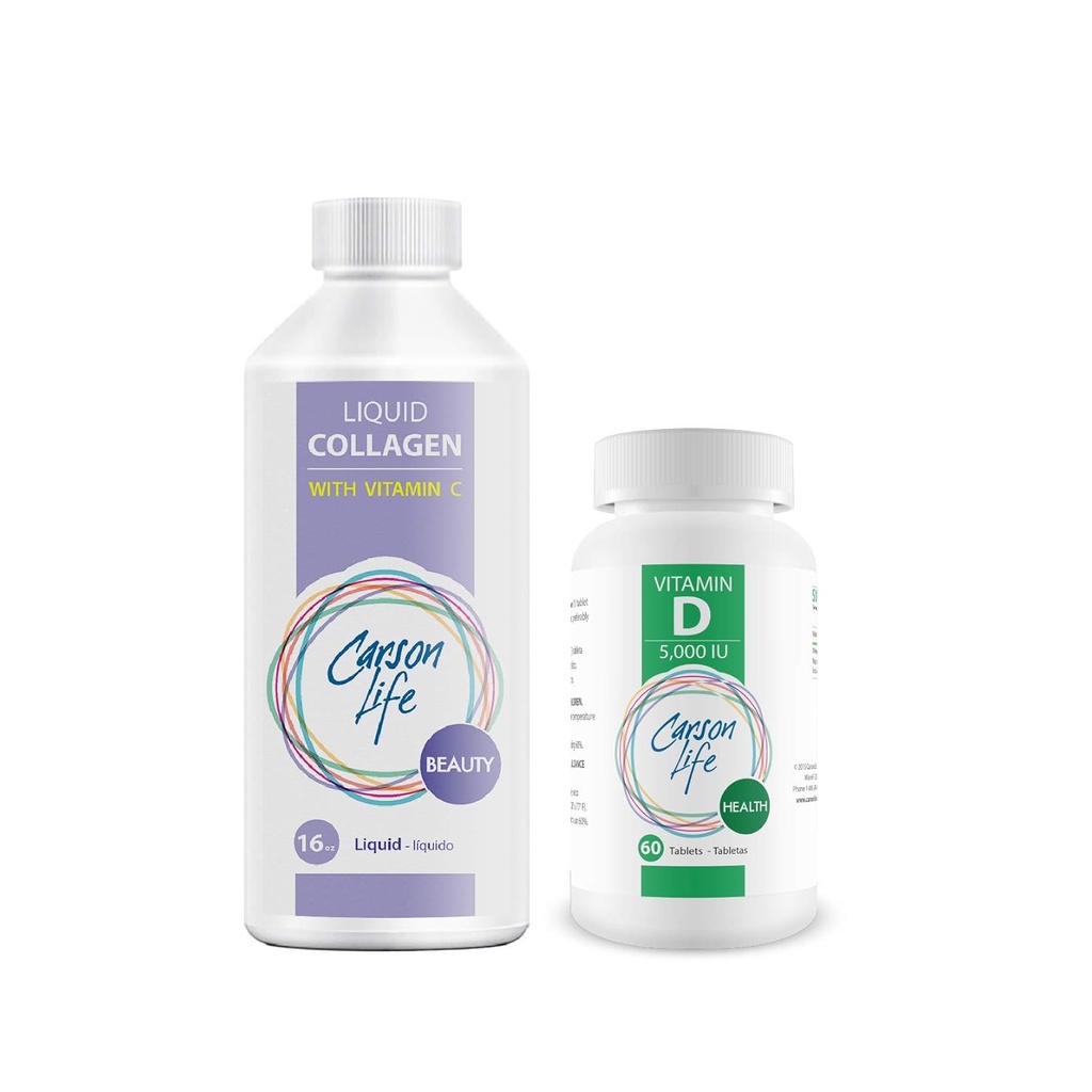 CARSON LIFE - tekutý kolagen s vitaminem C 1 Lahvička, 16 Oz Bundle s vitaminem D dodatek 1 Lahvička, 10.000 IU, 60 tablet pro silné svaly, kosti, zuby, anti stárnutí, vlasové kůže a nehty